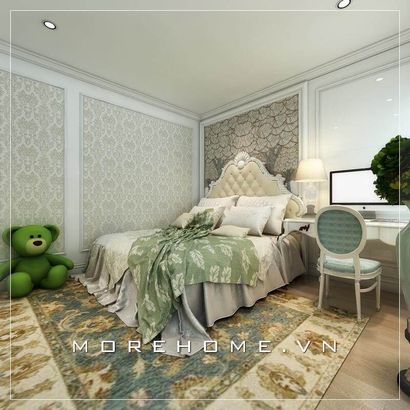 Trang trí nội thất phòng ngủ biệt thự sang trọng, tiện nghi với chiếc giường ngủ bọc da đầu giường tân cổ điển